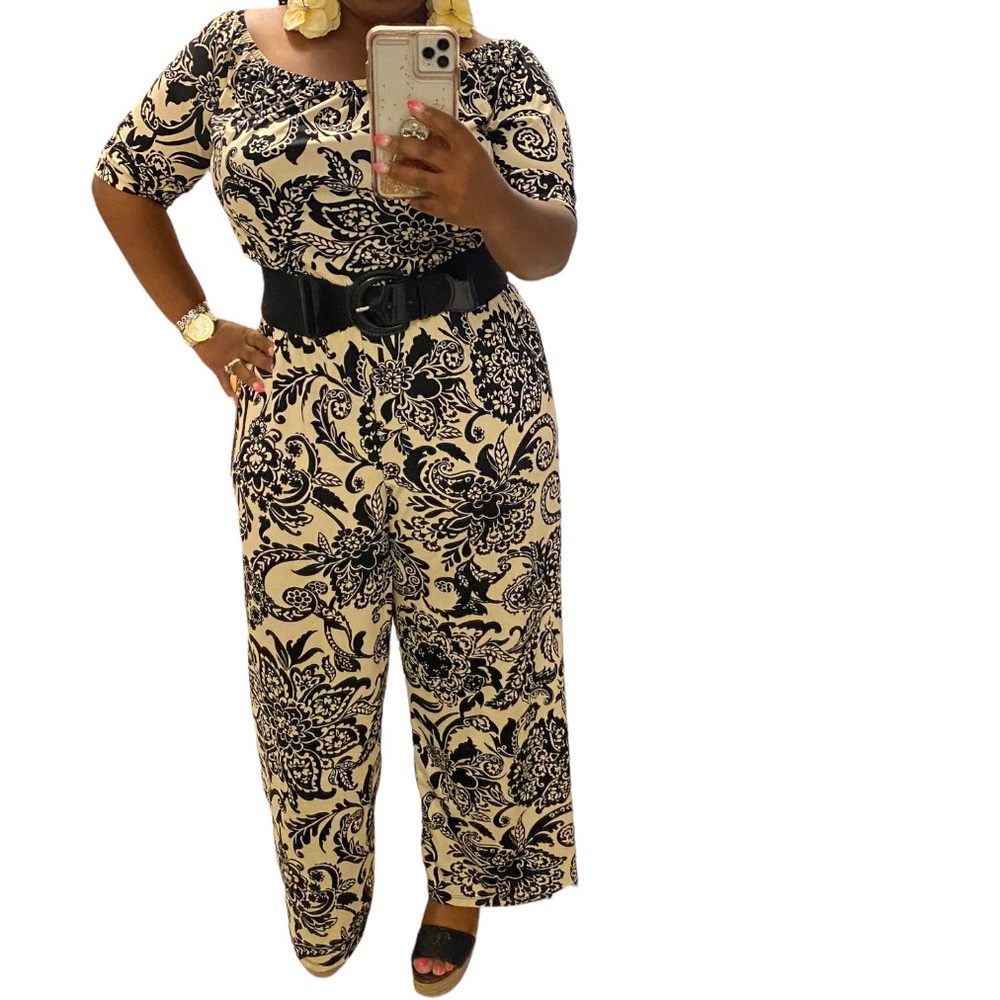 Brand New! Tacera Cream/Black Floral Stretchy Jumpsuit with Elastic Waist Sz PS